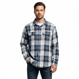 Men's Faded Glory Medium Blue Grey White Long Sleeve Flannel Shirt